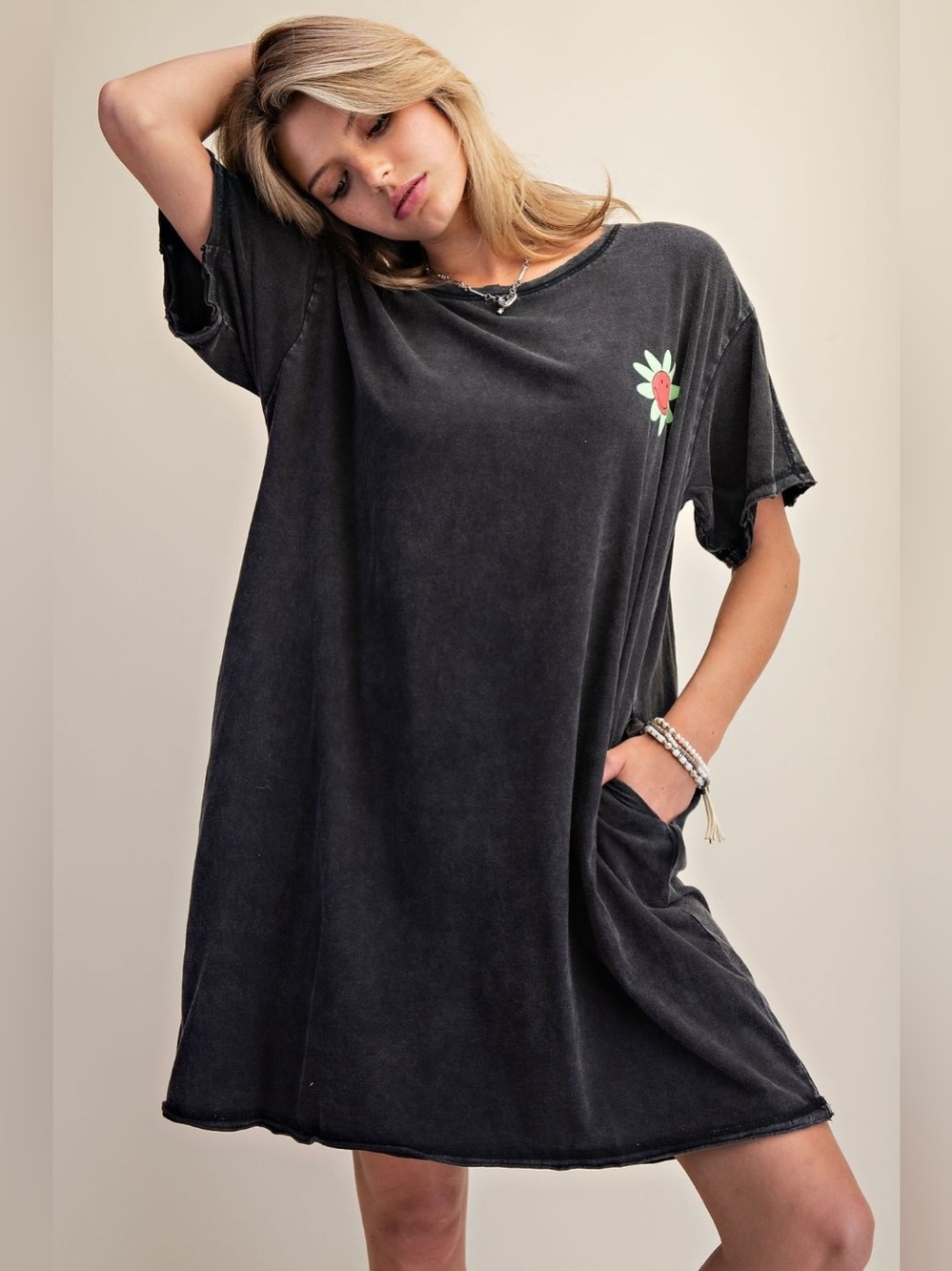 Easel SILK SCREEN FLORAL PRINT WASHED TUNIC DRESS